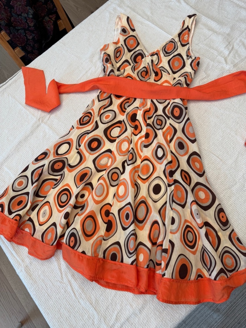 Vintage cotton and silk Retro Geo Print Orange sleeveless Dress - Picture 17 of 17